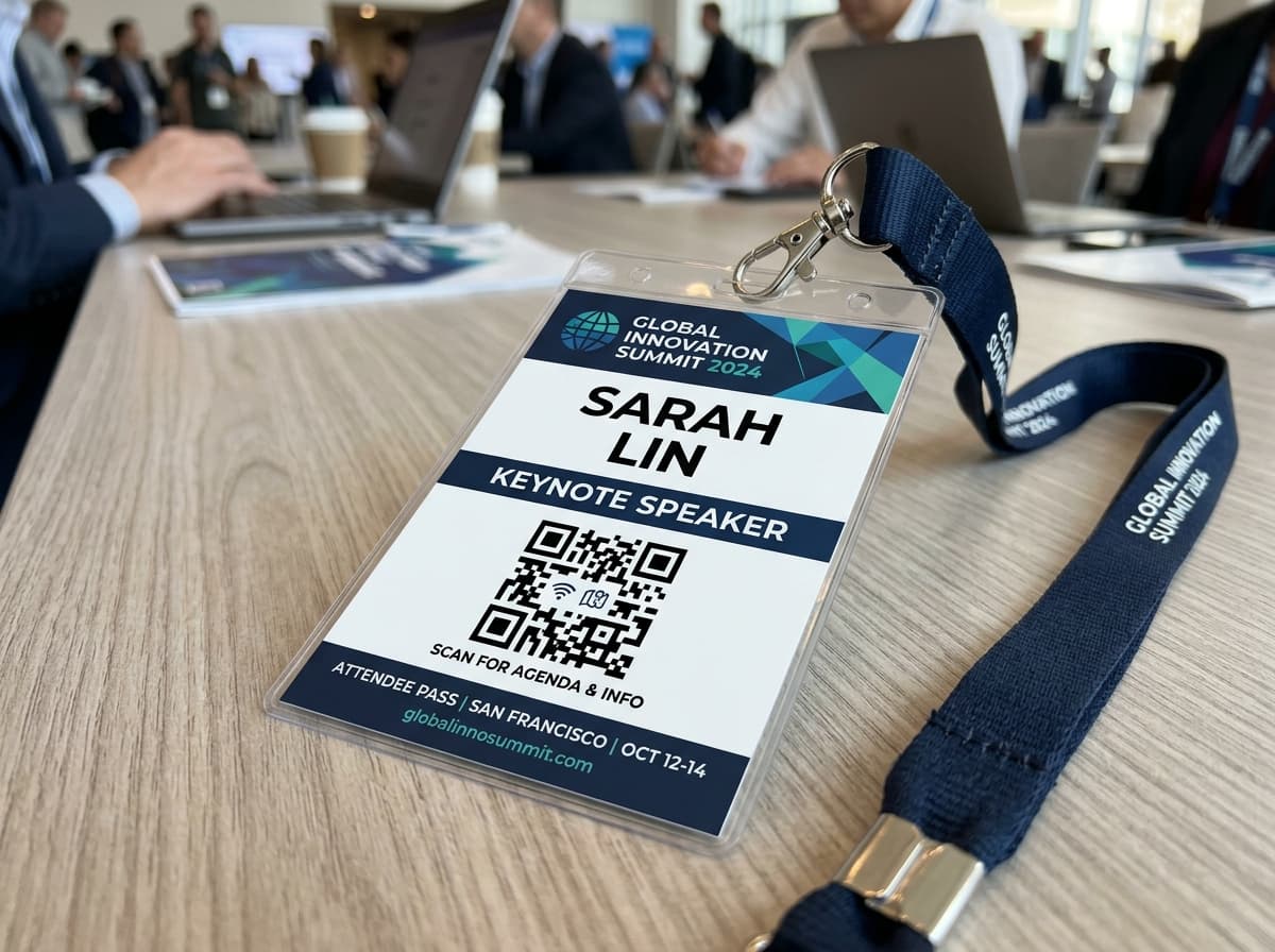 Attendee lanyard badge pass with QR code at a tech conference