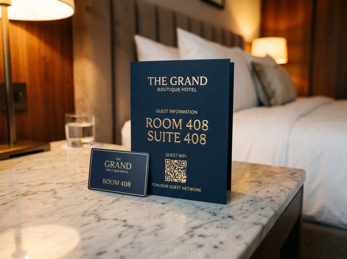Luxury hotel room keycard and embossed sleeve with WiFi QR code