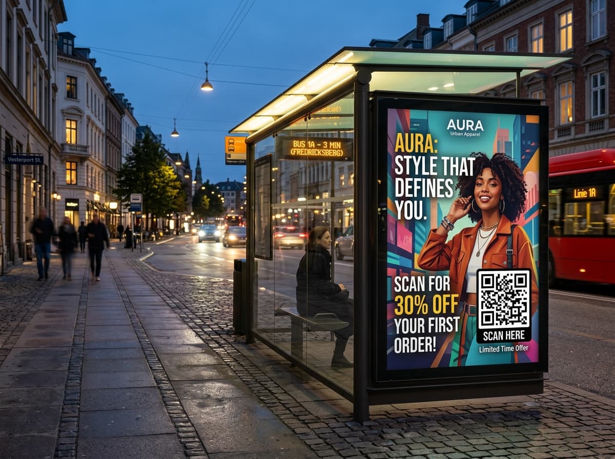 Urban street shelter billboard campaign with promotional QR code