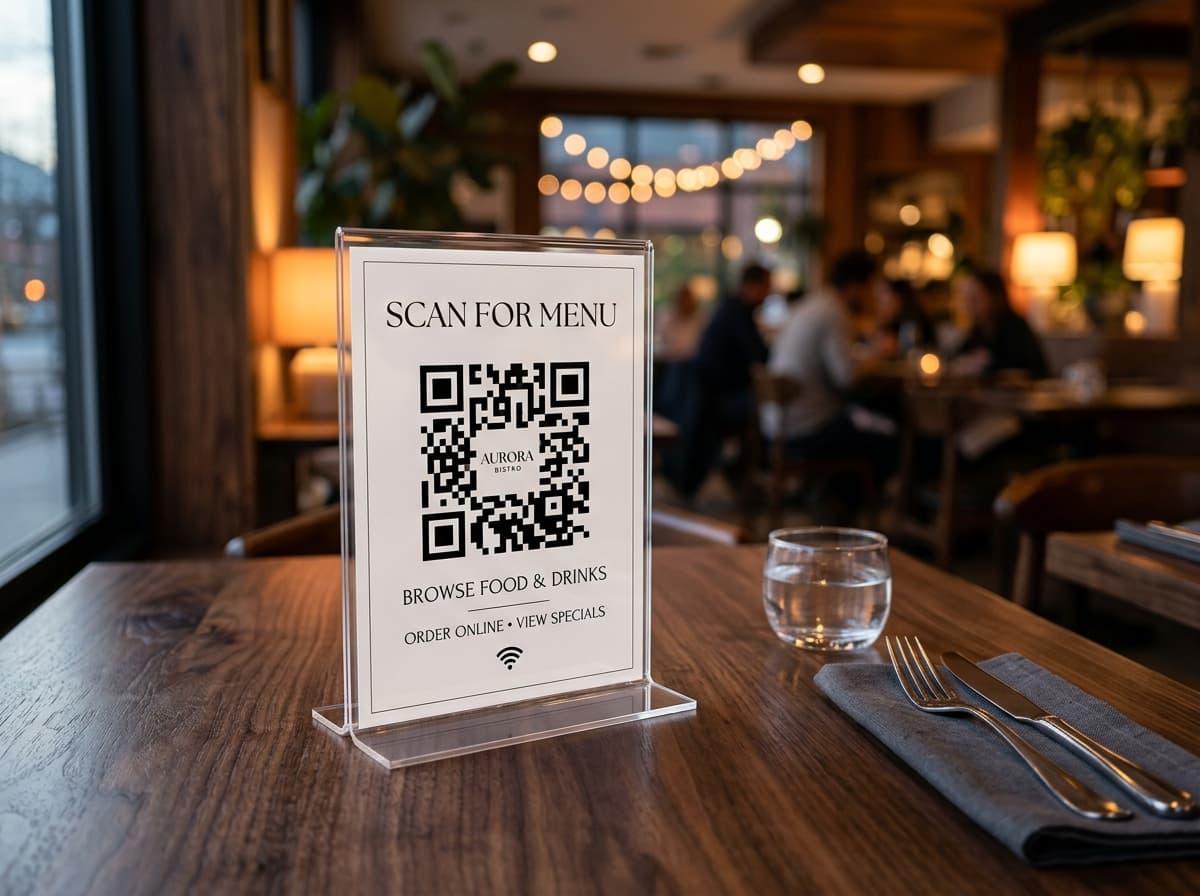 Acrylic table tent QR menu standing on a bistro dining table